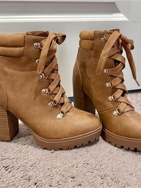 Soda Tan Lace-Up Chunky Heel Ankle Boots